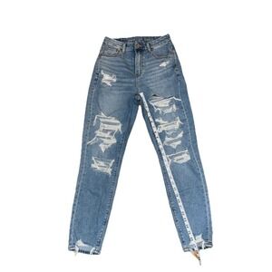 American Eagle Curvy Mom Jean Hi-Rise Distressed Raw Hem Medium Wash 0 Regular